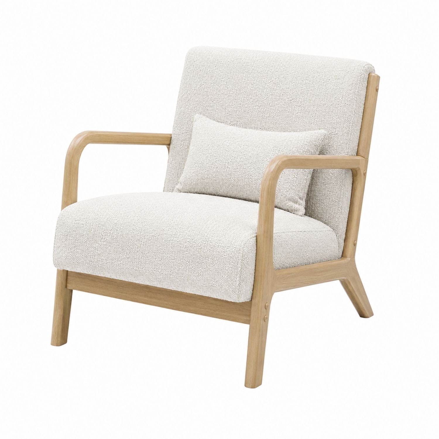 Bouclé Fabric Lounge Chair with Cushion Oak Frame Beige 80cm x 70cm x 85cm
