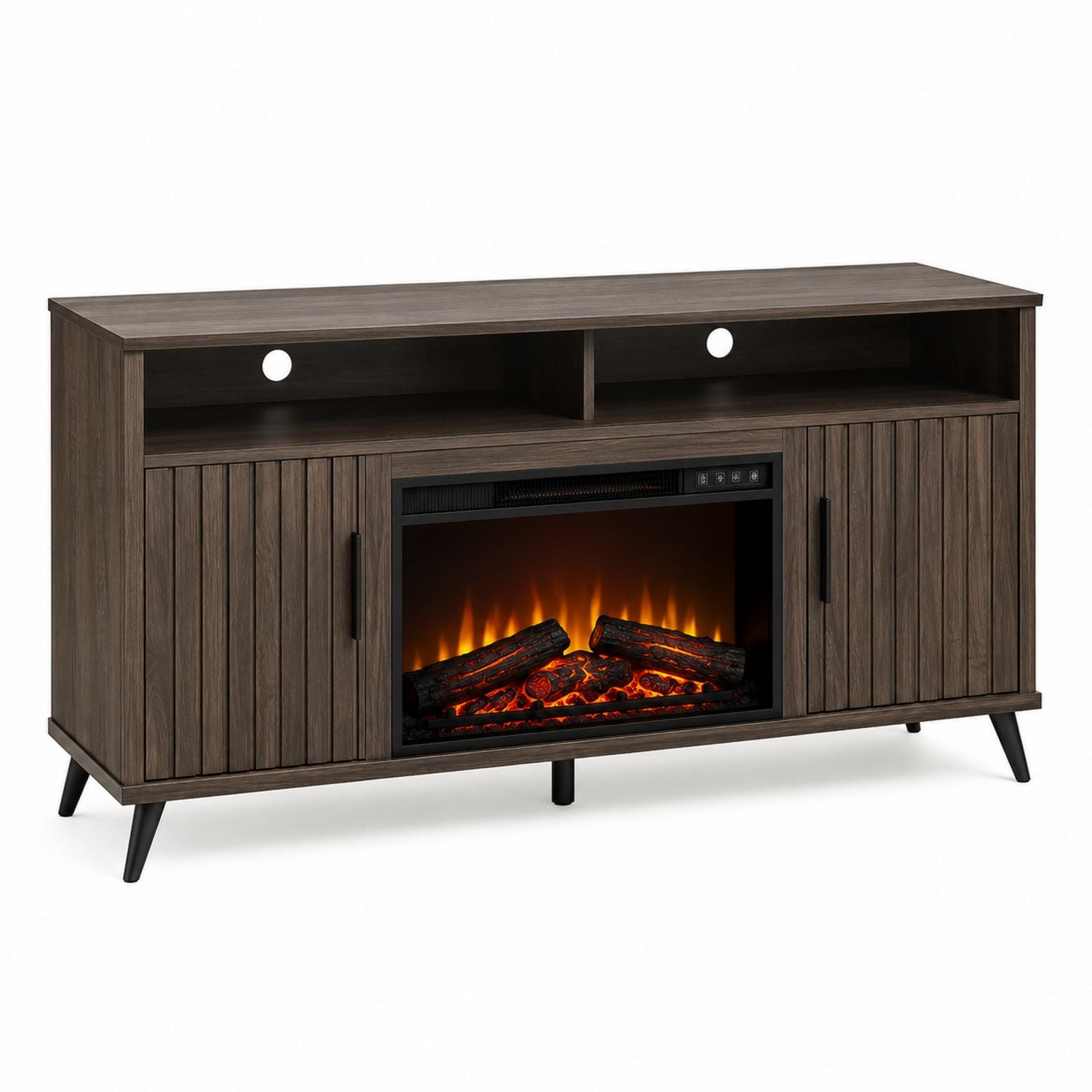 Wood TV Stand with Electric Fireplace and Storage Cabinets 152 cm